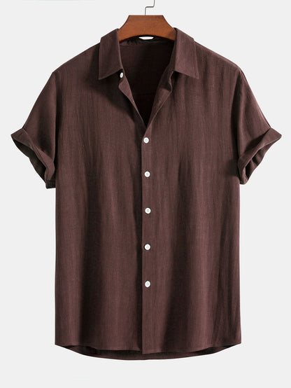 Linen Rayon Blend Button Up Shirt & Crinkled Textured Drawstring Shorts