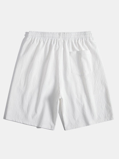Linen Rayon Blend Button Up Shirt & Crinkled Textured Drawstring Shorts