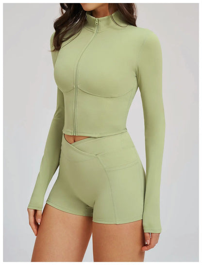 Yoga Long Sleeve Zipper Jacket Women Crop Tops T-shirts Solid Sports Top Running Shirts Sexy Quick Dry Fitness Gym Sport Wear