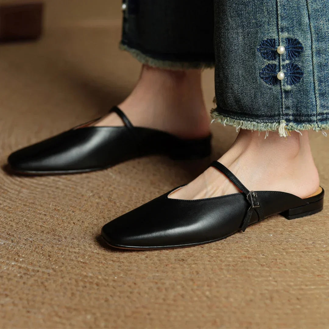 Elena Genuine Leather Square-Toe Mules