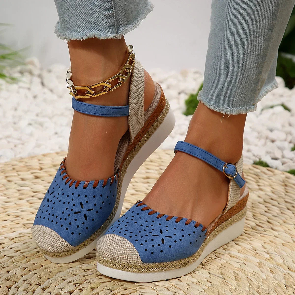 Mara Closed-Toe Wedge Sandals – Women’s Summer Espadrilles with Buckle Strap