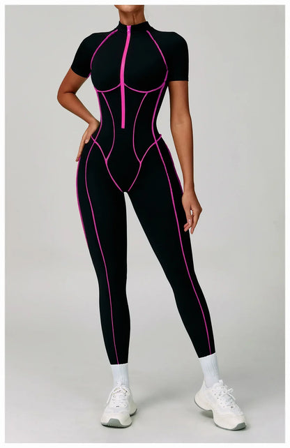 Gym Set Women Training Yoga Suit Sportswear Women Short Sleeves Sports Jumpsuit Fitness Rompers Zipper Push Up Workout Bodysuits