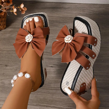 Aurora Bow Platform Sandals – Slip-Ons with Floral Accent