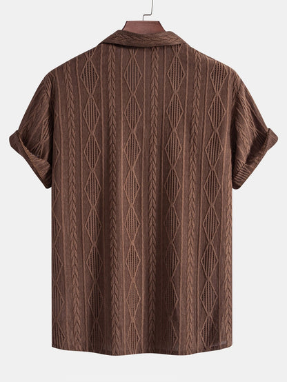 Geometric Jacquard Eyelet Cuban Shirt & Crinkled Textured Drawstring Shorts